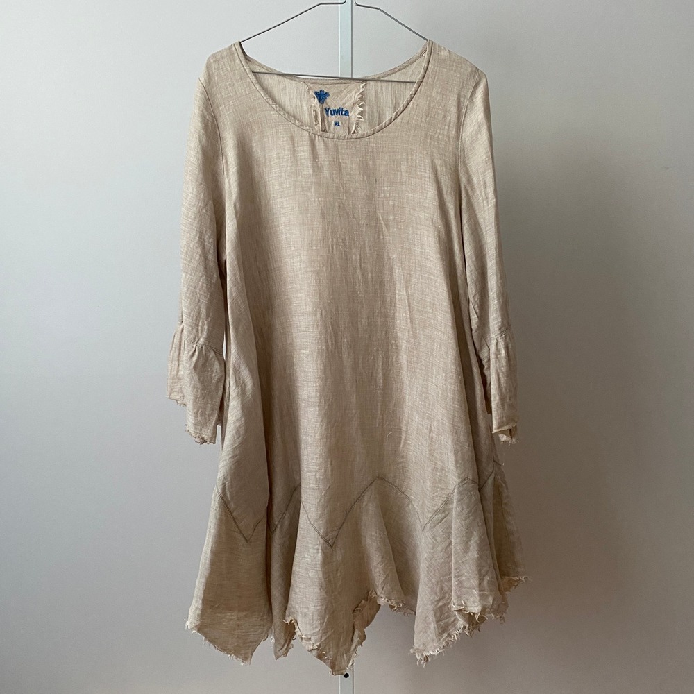 Yuvita XL Beige 100% Linen Tunic Dress Raw Hem Lagenlook Boho 1853 A